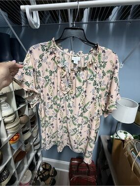 Liz Claiborne Blush Floral Ruffle Tie-Neck Blouse